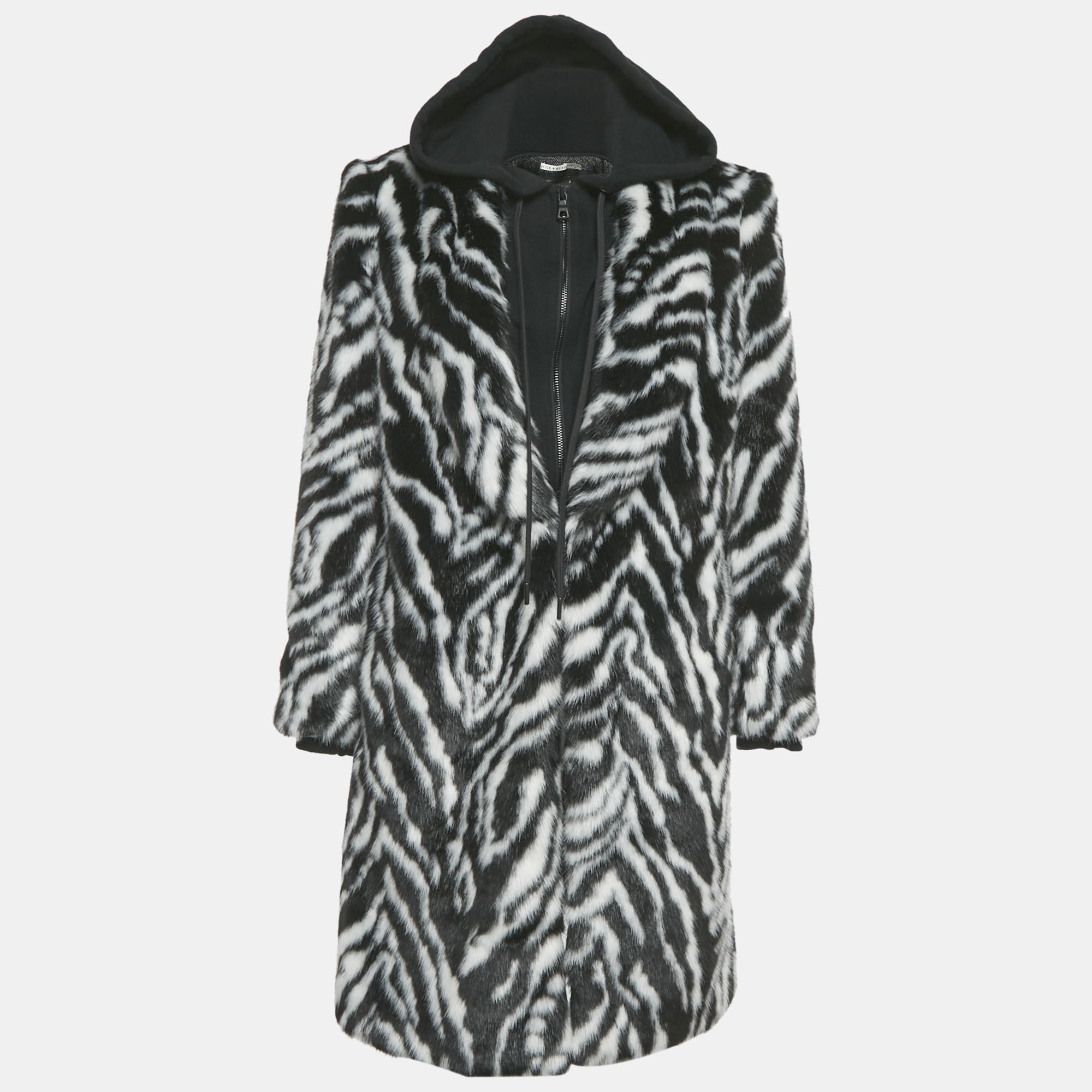 Pre-owned Alice And Olivia Black /white Animal Print Faux Fur Detachable Hood Coat M