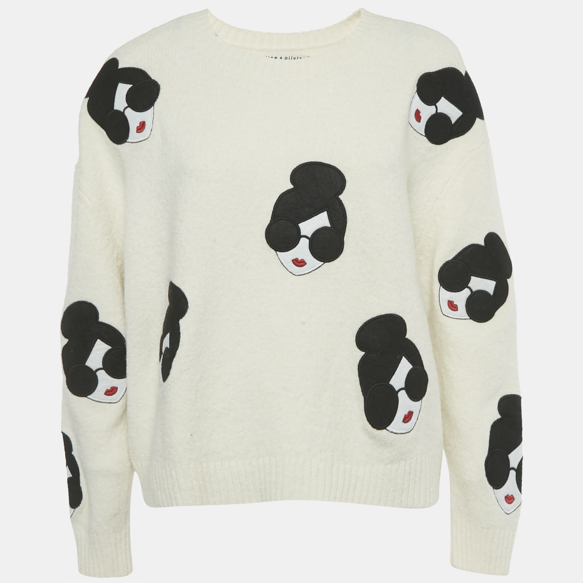 

Alice + Olivia White Girl Applique Stretch Knit Sweater M