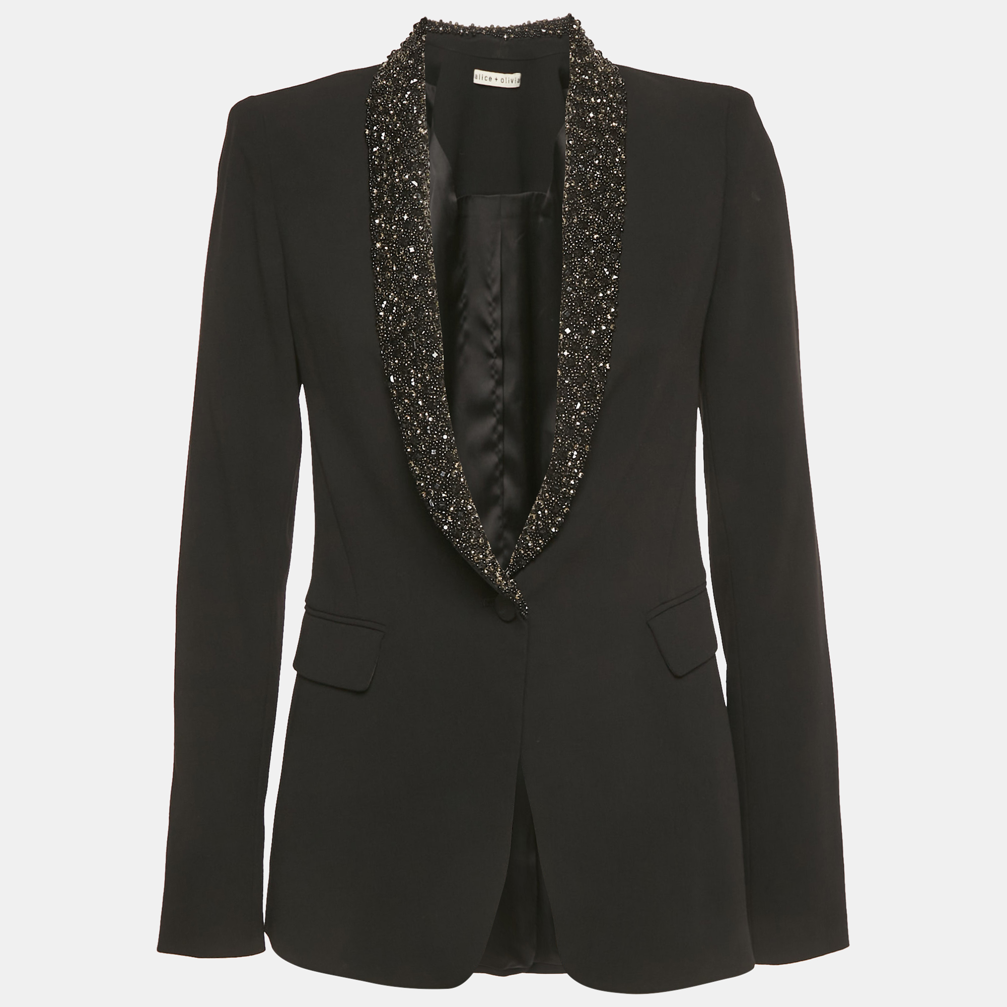 Pre-owned Alice And Olivia Black Beaded Collar Crepe Blazer M