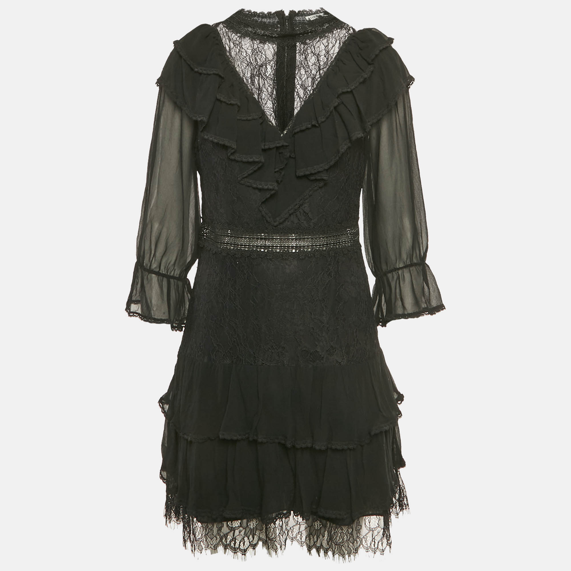 

Alice + Olivia Black Crepe Lace Detail Mini Dress M