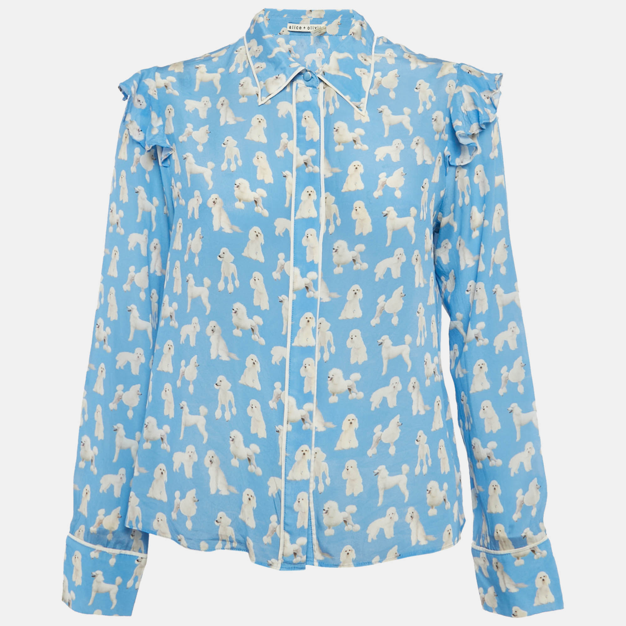 

Alice + Olivia Blue Dogs Print Silk Ruffled Sleeve Shirt M