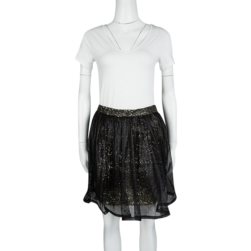 

Alice + Olivia Black Mesh Overlay Sequin Embellished Gathered Skirt, Metallic