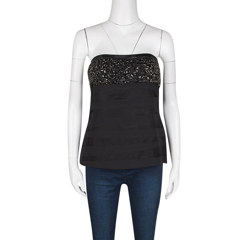 

Alice + Olivia Black Embellished Silk Strapless Top