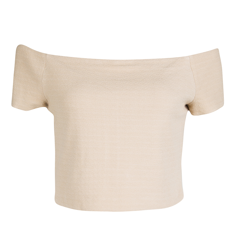 Alice + Olivia Beige Stretch Knit Gracelyn Off Shoulder Crop Top L