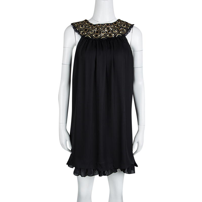 

Alice + Olivia Black Embellished Neck Detail Sleeveless Silk Trapeze Dress