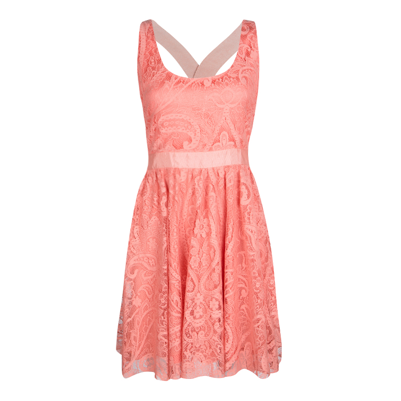 Alice + Olivia Salmon Pink Lace Odette Cross Back Sleeveless Dress S ...