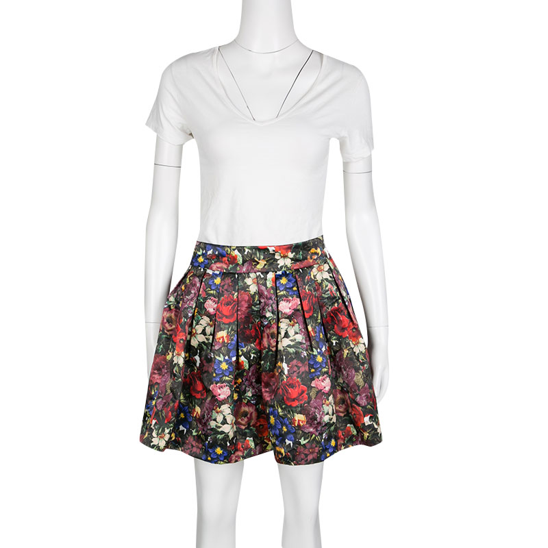 

Alice + Olivia Multicolor Floral Print Pleated Fizer Satin Mini Skirt