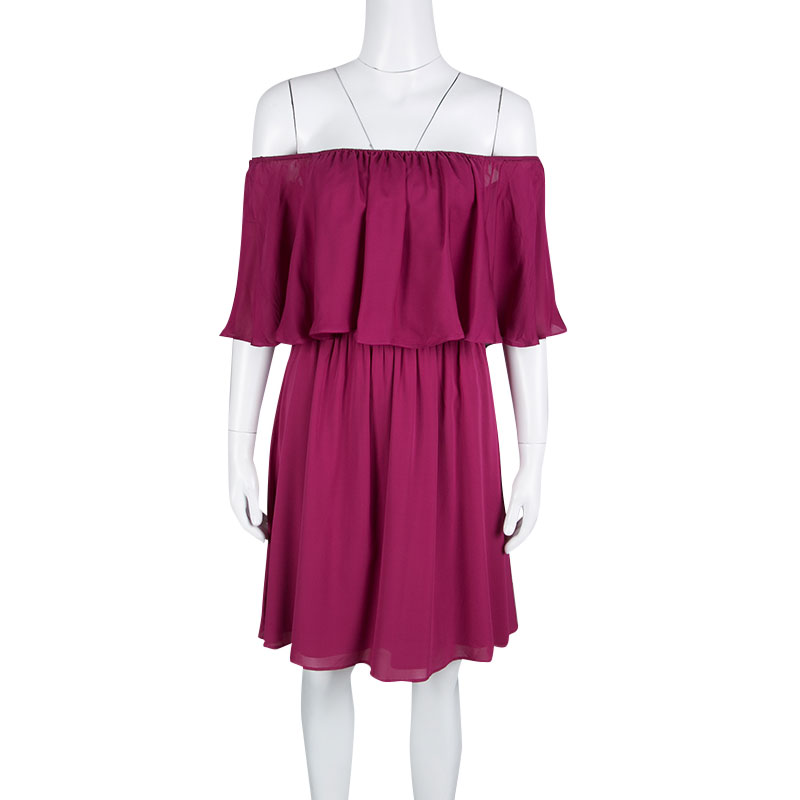 

Alice + Olivia Cranberry Silk Dora Ruffled Off Shoulder Dress, Burgundy