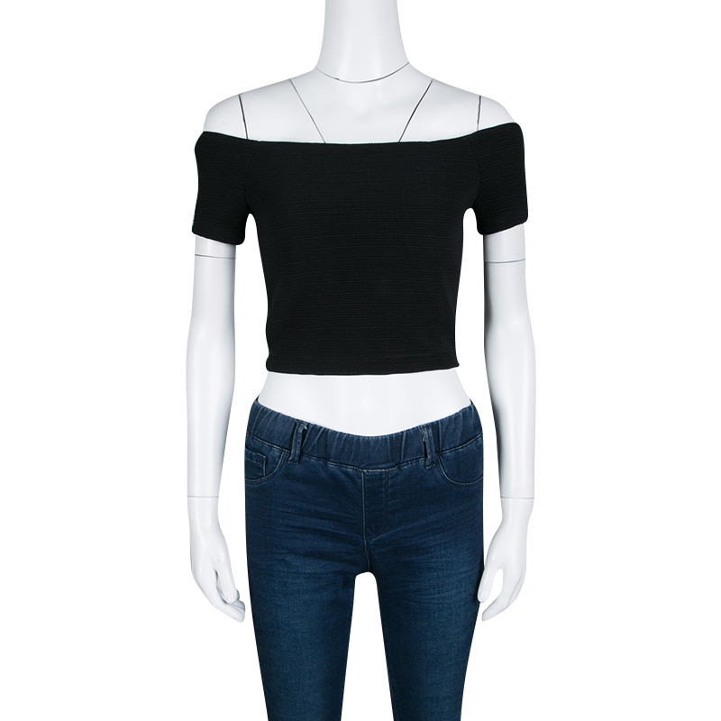 

Alice + Olivia Black Stretch Knit Gracelyn Off Shoulder Crop Top