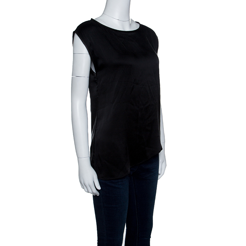 

Alice + Olivia Black Silk Leather trim Detail Asymmetric Murdock Top