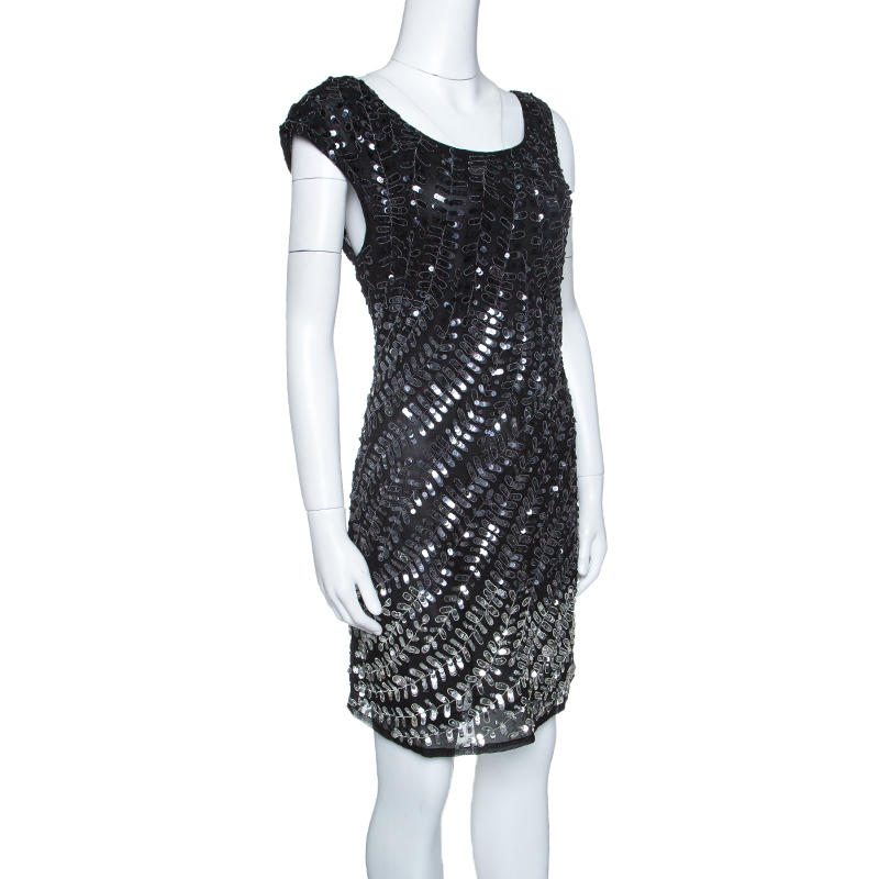 

Alice + Olivia Black and Silver Sequin Embellished Sleeveless Charlie Dress