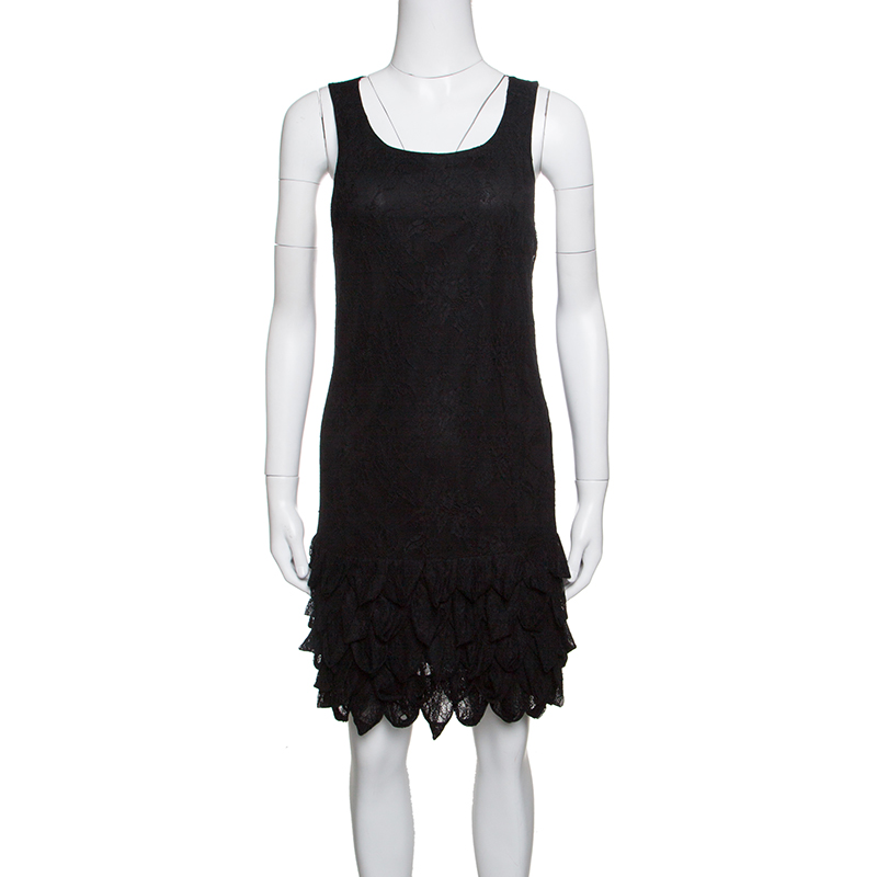 Alice + Olivia Black Floral Lace Layered Bottom Sleeveless Dress S