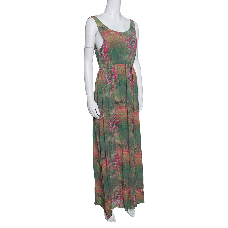 

Alice + Olivia Green and Pink Floral Printed Silk Sleeveless Dress