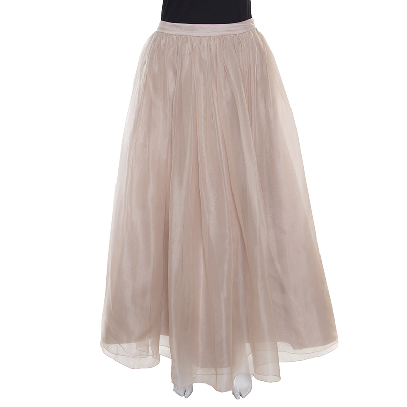 Pre Owned Alice + Olivia Beige Silk Organza Gathered Abella Ballgown Skirt S