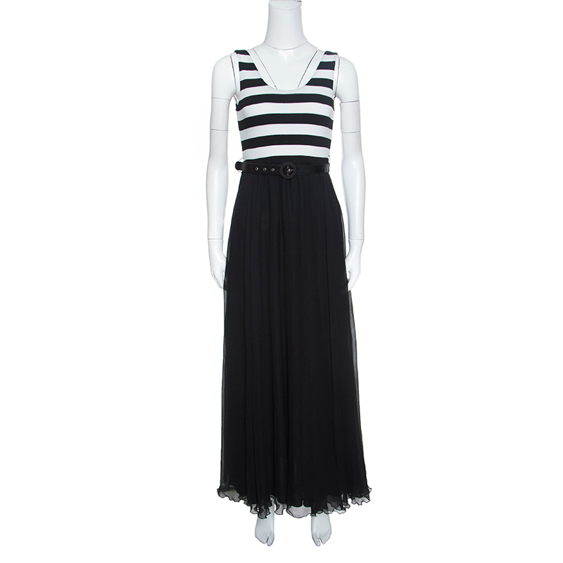 Pre Owned Alice + Olivia Monochrome Striped Knit Bodice Detail Belted Maxi Dress M