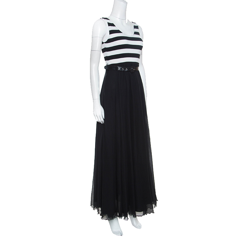 

Alice + Olivia Monochrome Striped Knit Bodice Detail Belted Maxi Dress, Black