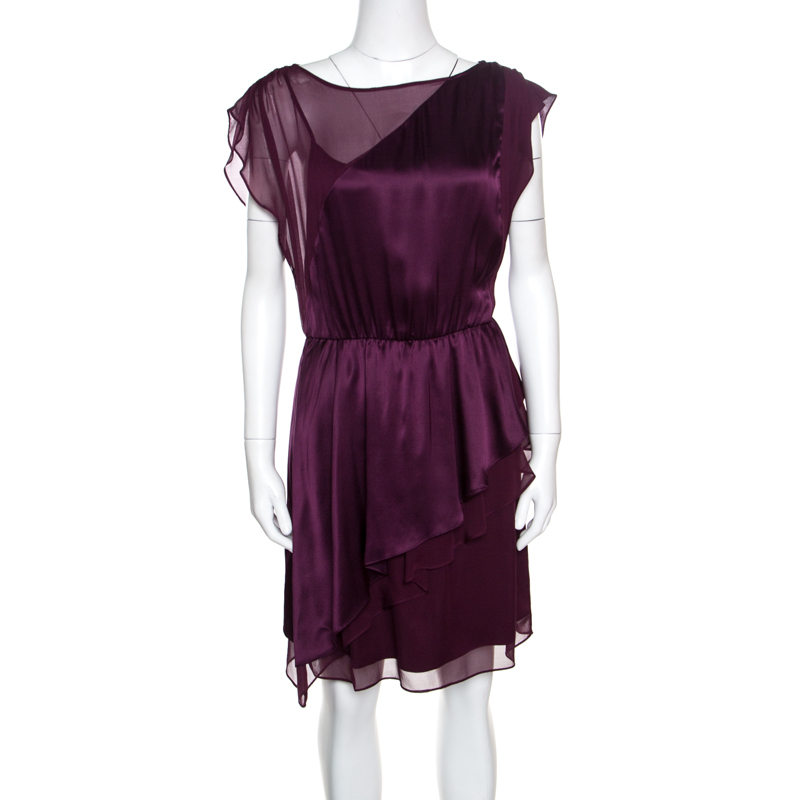 Pre Owned Alice + Olivia Purple Silk Satin and Chiffon Layered Dress S
