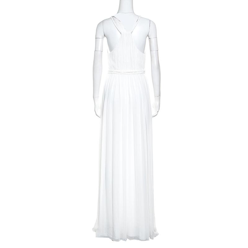 Pre-owned Alice And Olivia White Plisse Plunge Neck Naomi Goddess Gown S