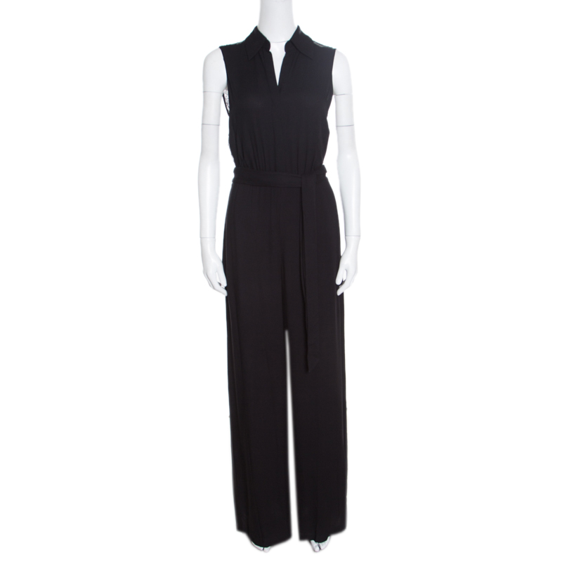 Alice + Olivia Black Crepe Lace Back Detail Sleeveless Nya Jumpsuit S