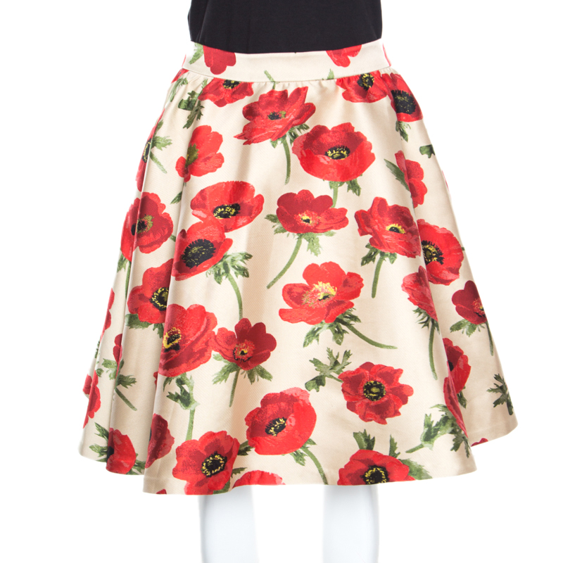 Alice + Olivia Red Falling Poppy Patterned Earla Circle Skirt S