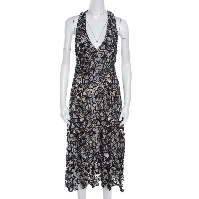 Alice + Olivia Monochrome Floral Lace Cut Out Detail Noreen Halter Dress M