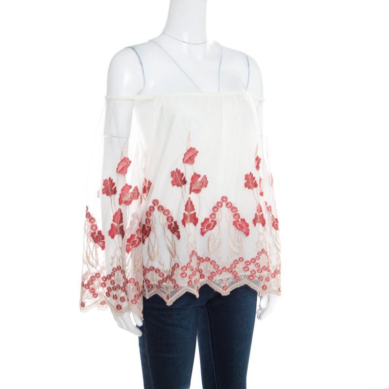 

Alice + Olivia White and Red Floral Embroidered Tulle Off Shoulder Priya Top