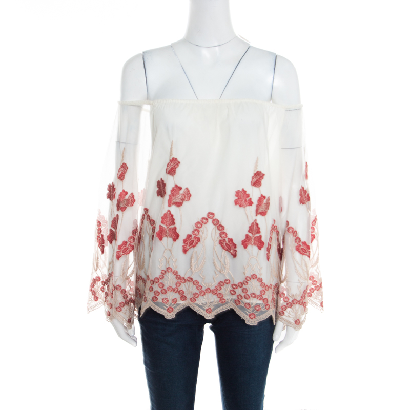 Pre Owned Alice + Olivia White and Red Floral Embroidered Tulle Off Shoulder Priya Top S