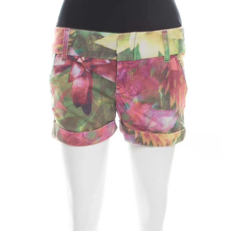 

Alice + Olivia Multicolor Flower Printed Cotton Stretch Cuffed Hem Shorts
