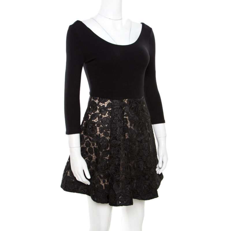 

Alice + Olivia Black Embroidered Lace Skirt Detail Scoop Neck Amie Dress