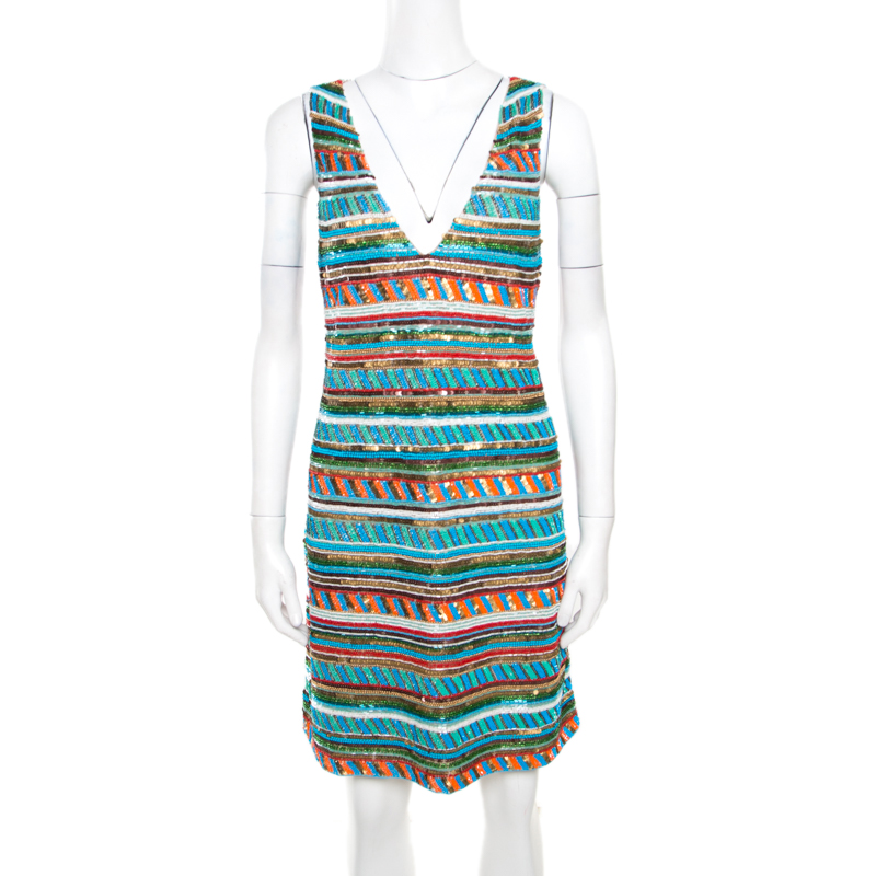 Pre Owned Alice + Olivia Multicolor Embellished V-Neck Sleeveless Venetia Dress M