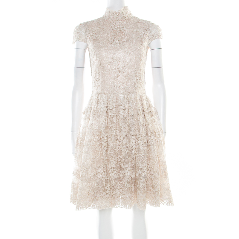 Pre Owned Alice + Olivia Beige Embroidered Cutout Back Detail Natalina Dress S