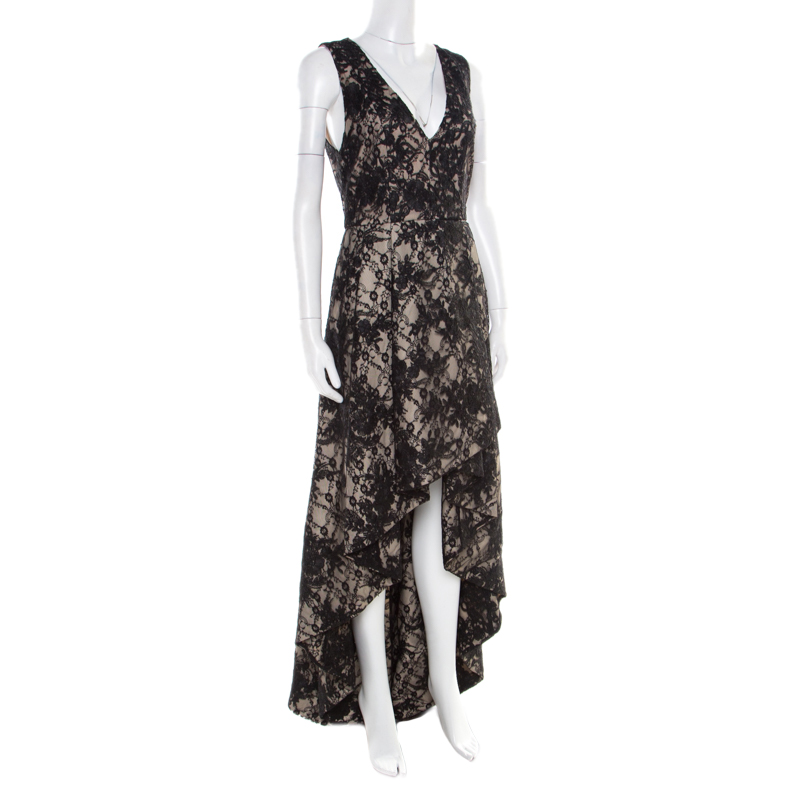 

Alice + Olivia Black and Beige Floral Lace Plunge Neck High Low Gown