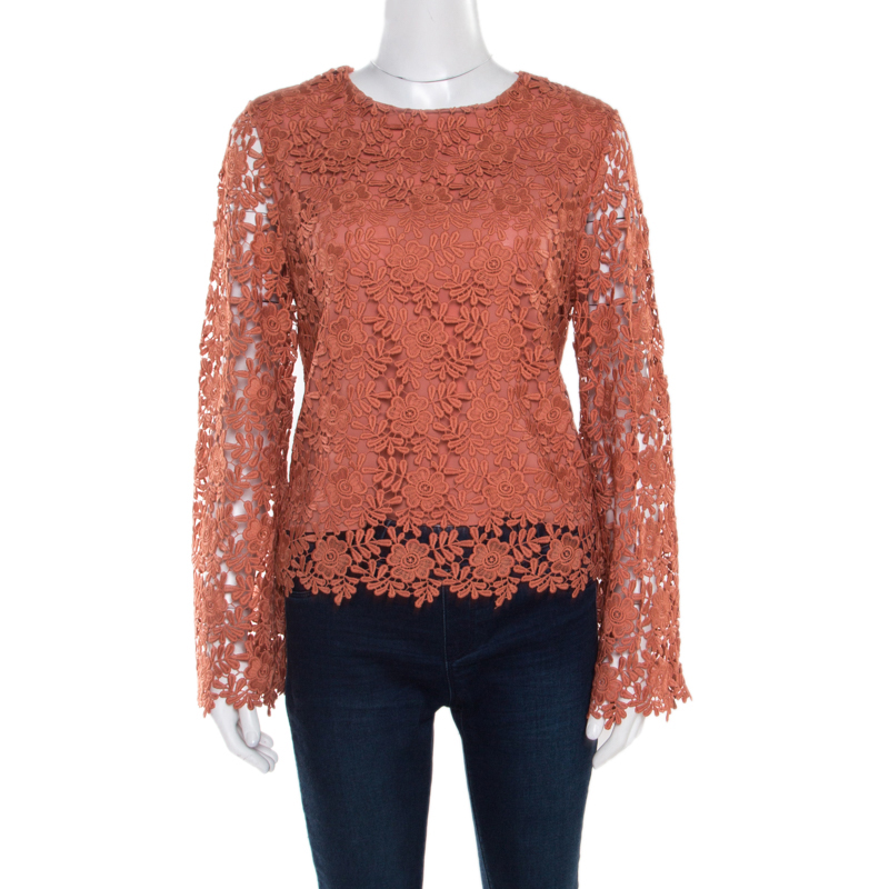 Pre Owned Alice + Olivia Salmon Pink Floral Lace Long Sleeve Pasha Top M