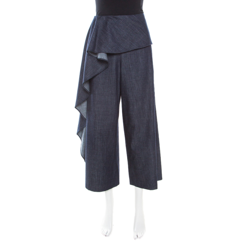 Pre Owned Alice + Olivia Indigo Dark Wash Denim Ruffle Detail Cropped Elvira Culottes L