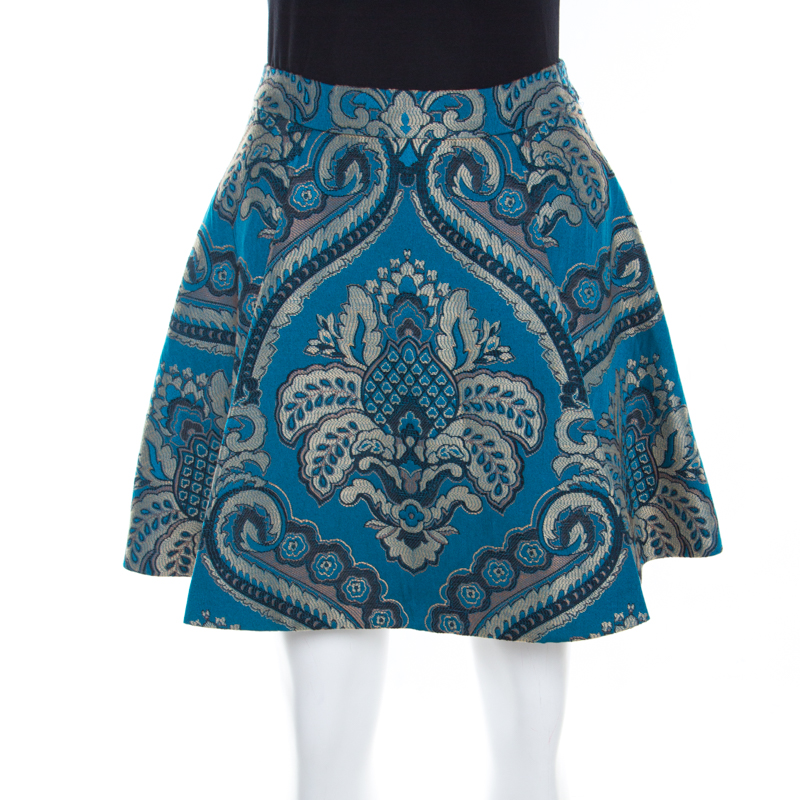 Pre Owned Alice + Olivia Blue Damask Patterned Brocade Vernon Mini Skirt XS