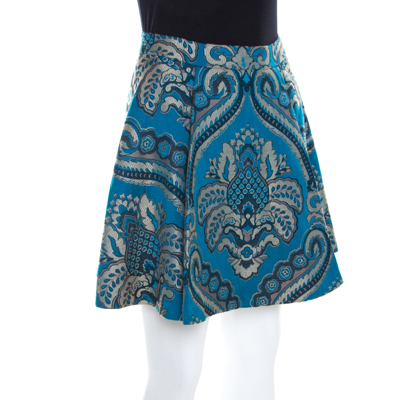 

Alice + Olivia Blue Damask Patterned Brocade Vernon Mini Skirt, Black