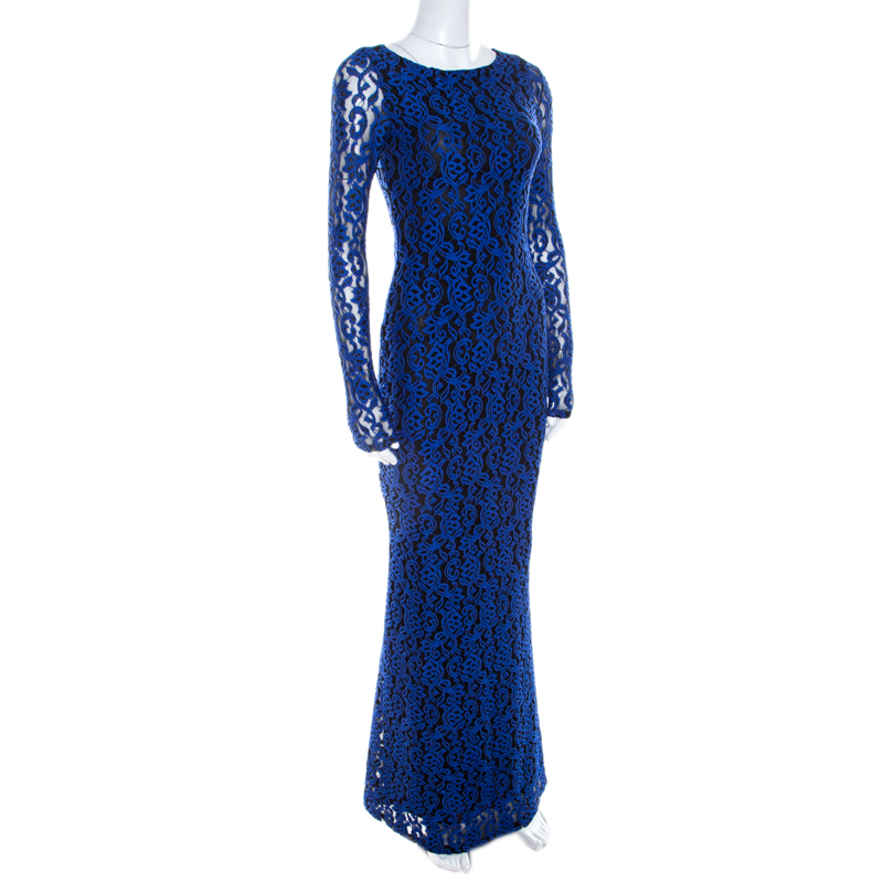 

Alice + Olivia Cobalt Blue Lace Long Sleeve Flared Maryanna Maxi Dress