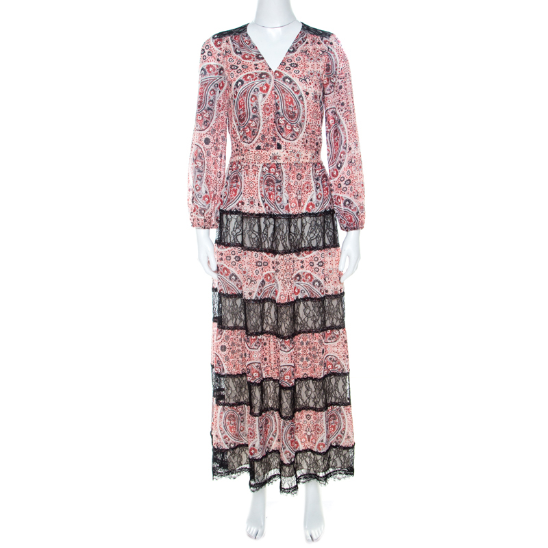 Alice + Olivia Red Bohemian Paisley Print Chiffon Daren Maxi Dress S
