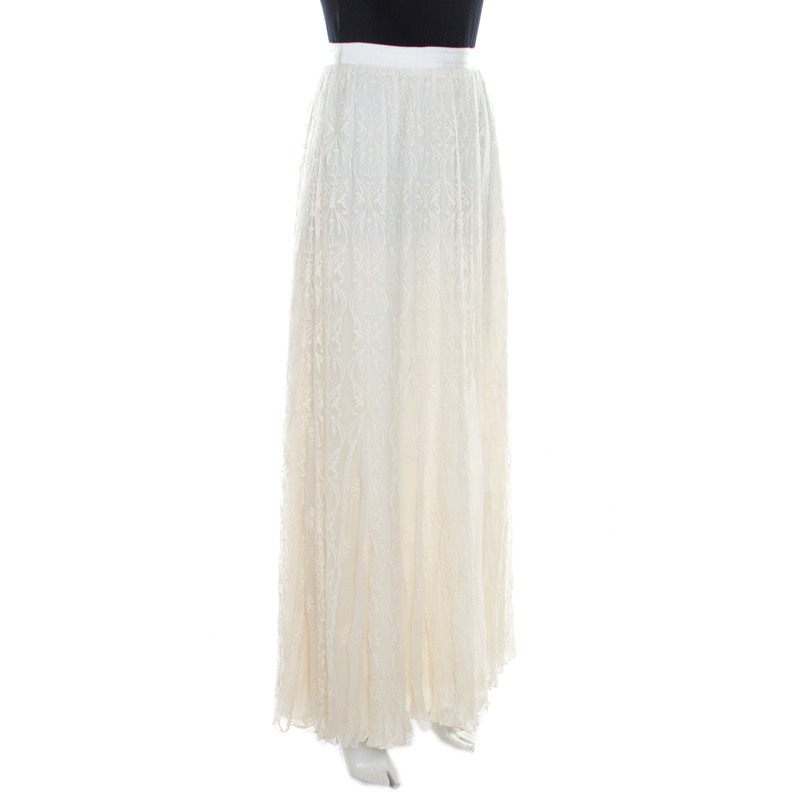 

Alice + Olivia Cream Floral Embroidered Plisse Silk Louie Maxi Skirt