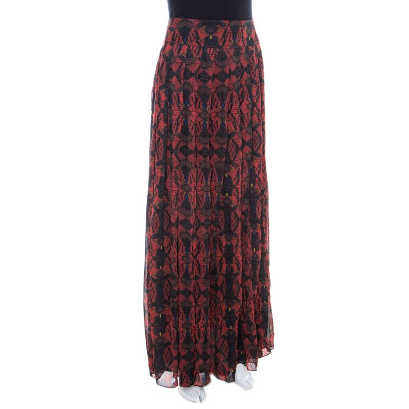 

Alice + Olivia Red Romantic Butterfly Print Chiffon Pleated Maxi Skirt