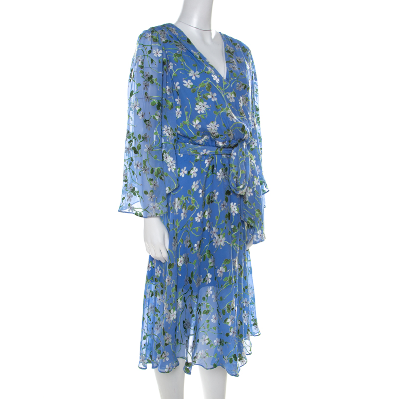 

Alice + Olivia Cerulean Blue Floral Satin Devoré Belted Halsey Dress