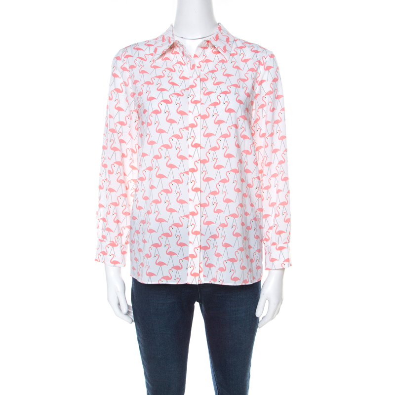 Alice + Olivia White Garden Flamingo Print Sheer Silk Willa Shirt S ...