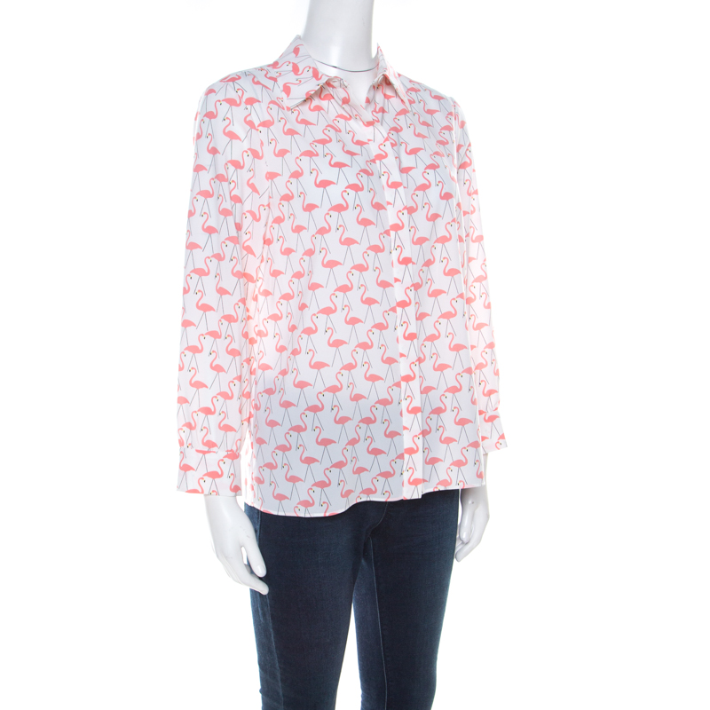 

Alice + Olivia White Garden Flamingo Print Sheer Silk Willa Shirt