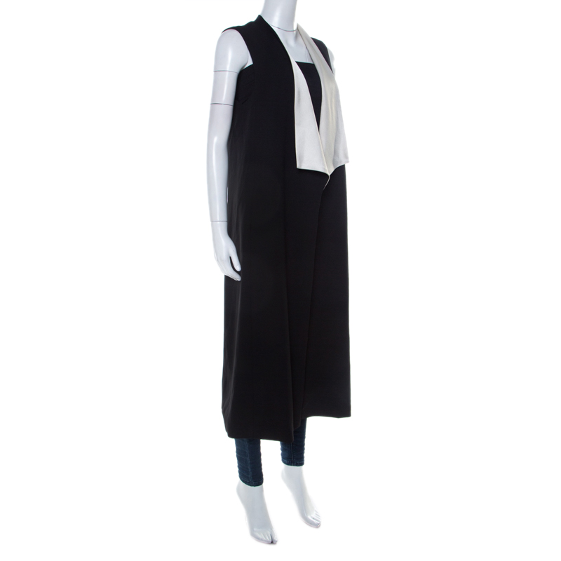 

Alice + Olivia Black Drape Front White Collar Detail Long Vest Jacket