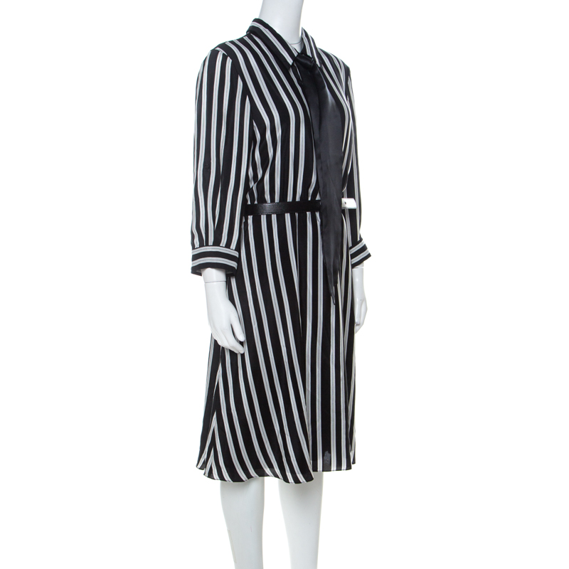 

Alice + Olivia Employed Monochrome Striped Silk Necktie Detail Belted Dress, Black