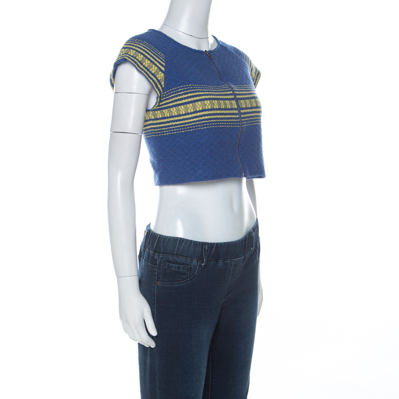 

Alice + Olivia Blue Cotton Cap Sleeve Zip Front Woven Amy Crop Top