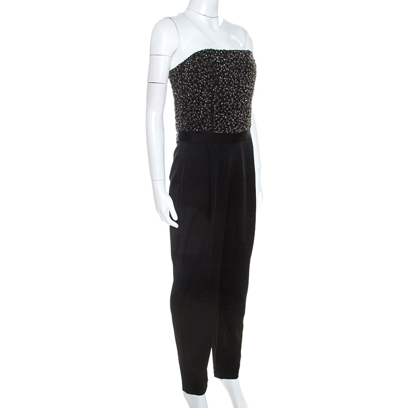 

Alice + Olivia Black Silk Beaded Strapless Jumpsuit