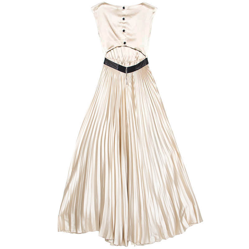 

Alice + Olivia Beige Satin Pleated Cut Out Back Detail Maxi Dress