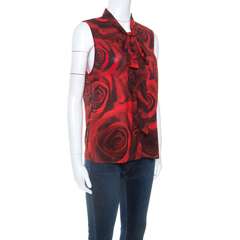 

Alice + Olivia Red Rose Print Silk Tie Neck Detail Sleeveless Top