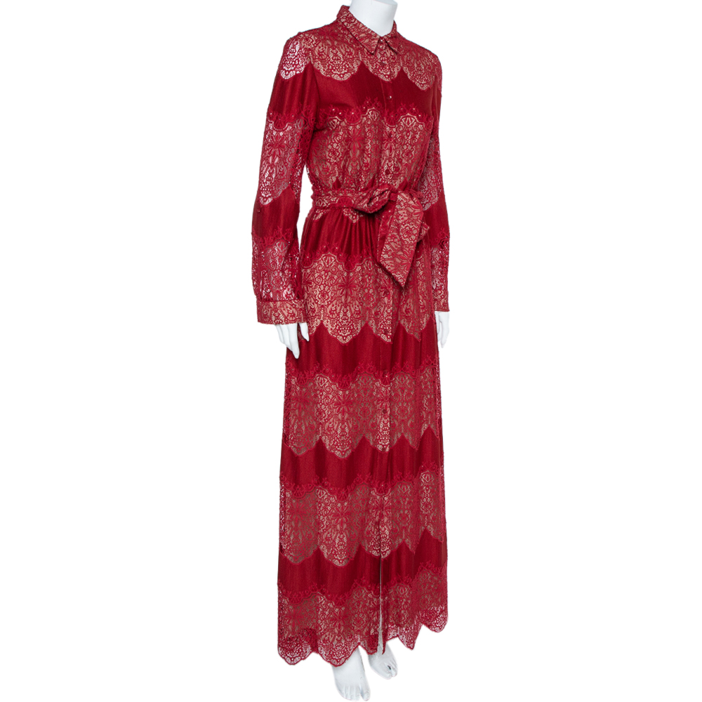 

Alice + Olivia Red Floral Guipure Lace Maxi Shirt Dress